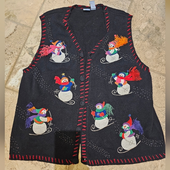 Holiday Editions 2X "Ugly Christmas Sweater" Cottagecore Vest Snowman Skiing - Picture 1 of 5